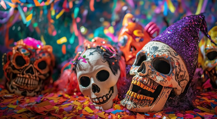 Fototapeta premium Colorful Day of the Dead celebration with calaveras with two skulls and confetti.
