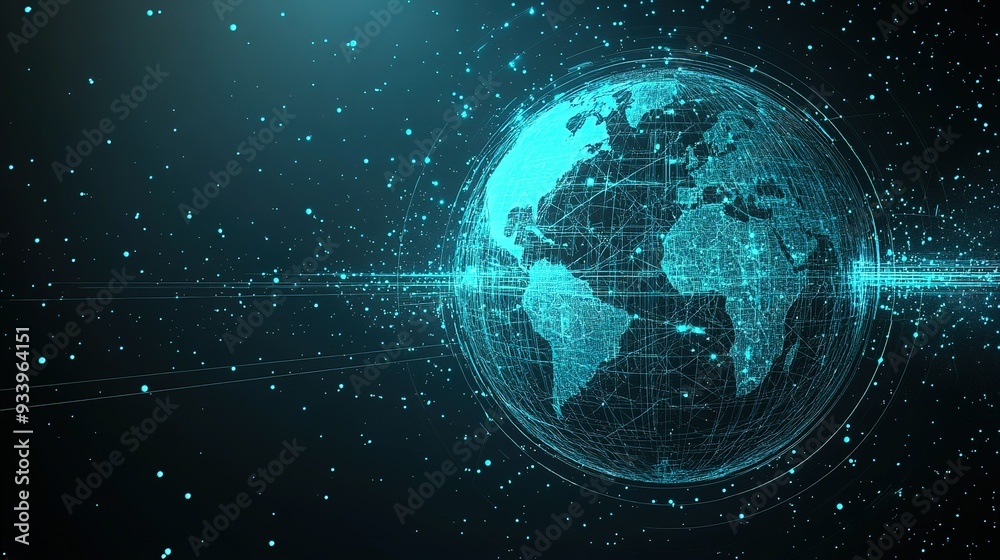 Poster a digital representation of earth illustrating global connectivity with a network of lines and data 