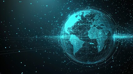 Obraz premium A digital representation of Earth illustrating global connectivity with a network of lines and data points floating in a dark space, showcasing advanced technology and modern communication