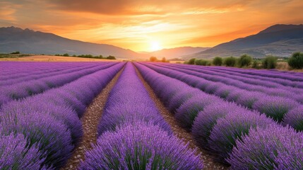 Obraz premium Panoramic Lavender Landscape with Sunset Glow