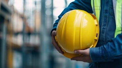 Portrait of Construction worker holding yellow helmet close up