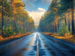 Obraz premium A Wet Road Through Autumnal Forest A solitary road stretches into the distance lined by vibrant trees reflecting in the glistening water