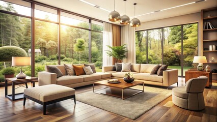 Warm and inviting living room with sleek modern furniture, soft cream-colored walls, and floor-to-ceiling windows flooding the space with warm natural light.