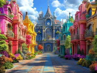 Obraz premium A whimsical perspective down a cobblestone street lined with colorful buildings and blooming gardens leading to a grand clock tower