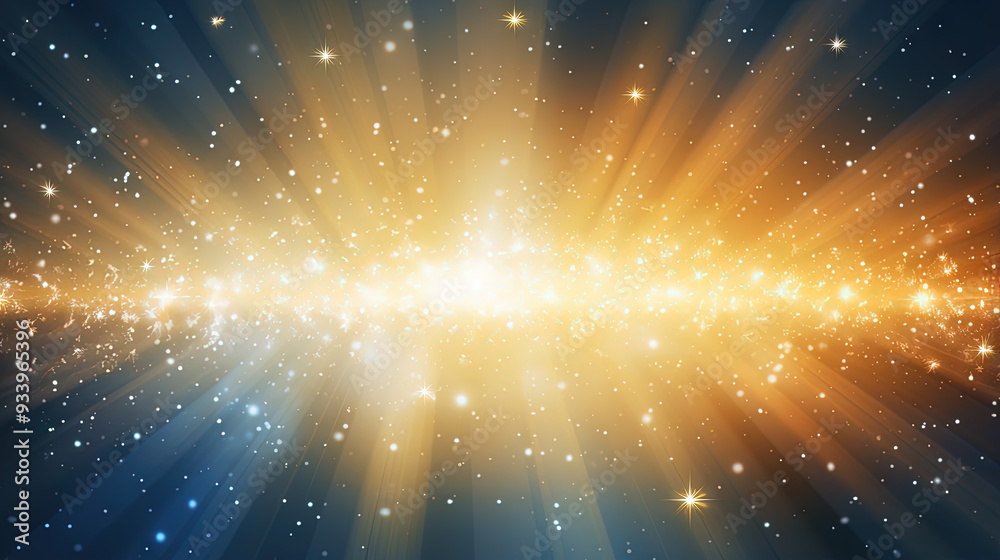 Poster abstract backgound with blue and orange light rays. god rays or light burst with bokeh