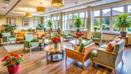 Warm and welcoming elderly care facility with comfortable seating, natural light, and vibrant flowers, promoting socialization and relaxation for seniors.