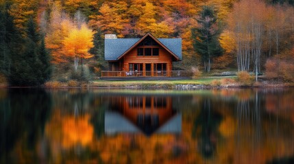 Fototapeta premium Peaceful Lakeside Retreat Surrounded by Autumn Leaves