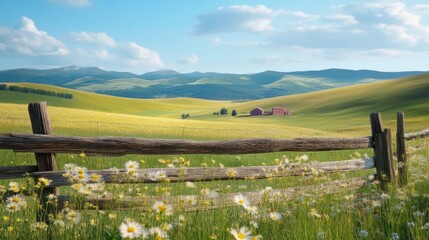 Obraz premium Rolling Hills and Rustic Fence Scene