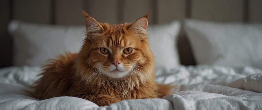 an sweet orannge cant lying on an fluffy white bed.