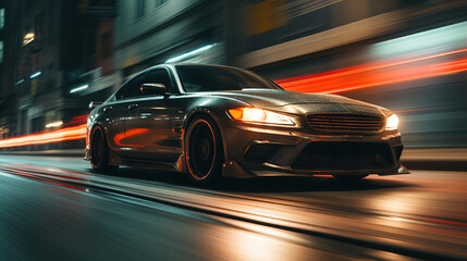 Obraz premium Street racing scene with sport car in neon lights. Speed lines and light trails of night urban drive.