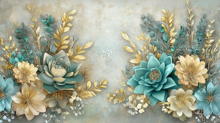 Beautiful digital floral arrangement featuring teal and gold flowers on a soft, textured background with intricate details for a decorative touch in various settings