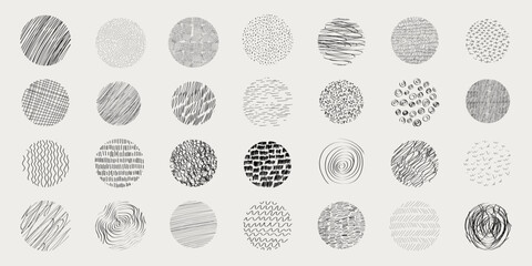 Textures set, collection hand drawn abstract monochrome brush marks. Doodle shapes spots, drops, curves and lines. Contemporary modern trendy