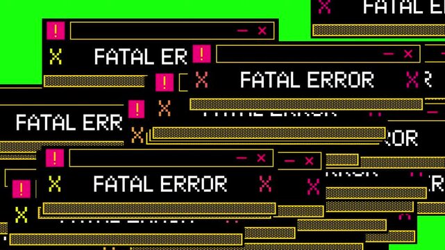 Computer window tabs transitions PACK. Collection of warning, system error, fatal error, system overload, deleting files and updating pop up windows transitions on green chroma key background.