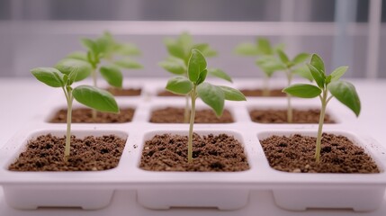 Closeup View of a Single Basil Sprout Emerging from Rich Soil in a White Tray Capturing the Early Stages of Growth