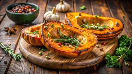 Warmly lit, caramelized roasted squash halves with tender flesh and caramelized skin, garnished with fresh thyme and rosemary, against a rustic wooden backdrop. © Four888