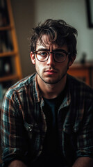 Obraz premium man, emotion, melancholy, handsome, portrait, close-up, dramatic lighting, black and white, monochrome, low key, shadows, contrasting, expressive, intense, powerful