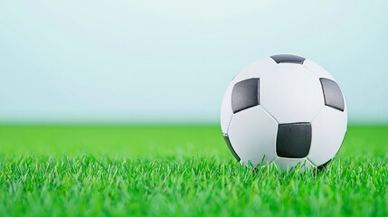 Fototapeta premium Soccer Field Scene, vibrant green grass, clear blue sky, goalposts in the distance, inviting atmosphere, ideal for sports themes, perfect for dynamic layouts or promotional materials