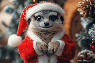 Fototapeta premium Cute humanoid meerkat in Santa Clause wear.