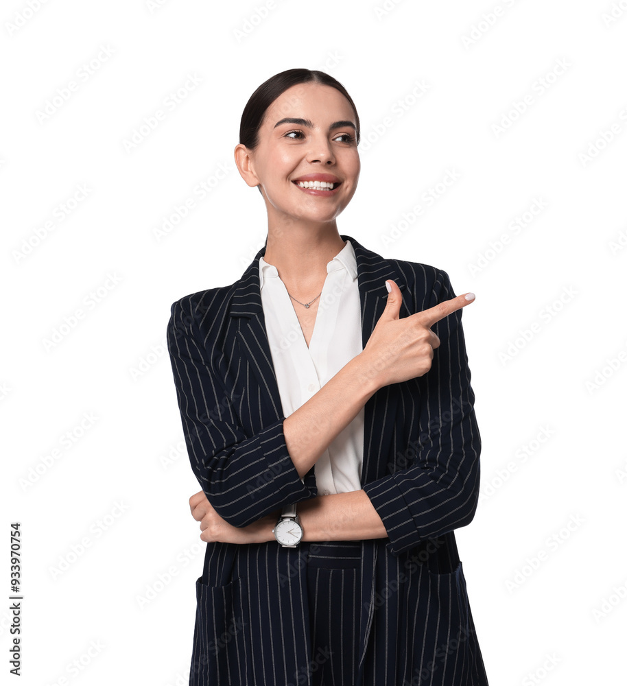 Sticker Beautiful woman in black striped suit pointing at something on white background