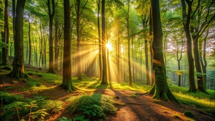 Obraz premium Warm sunlight filters through the dappled canopy of a lush forest, illuminating the forest floor with a soft, serene, and peaceful atmosphere.