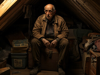 A dimly lit attic filled with forgotten treasures and childhood memorabilia, where an elderly man sits on a dusty trunk, lost in memories. His expression is a mix of nostalgia and sadness, suggesting