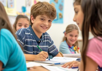 Obraz premium A boy smiles and writes in a classroom with other children, happy on the first day of the school year.