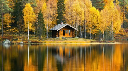 Fototapeta premium A serene wooden cabin nestled along a tranquil lake surrounded by autumn foliage in a picturesque forest during the golden hour