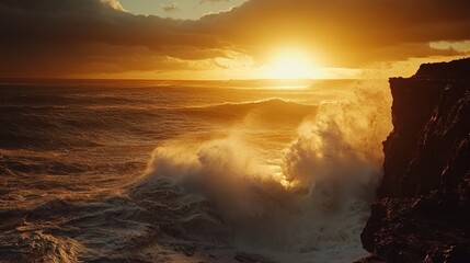 Fototapeta premium Sunset Waves Crashing Against a Cliff