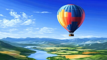Fototapeta premium A colorful hot air balloon floats over a scenic landscape with rolling hills and a winding river under a clear blue sky during a sunny day