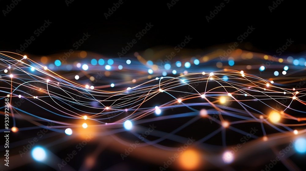 Poster colorful abstract representation of interconnected nodes and networks illuminated with glowing light