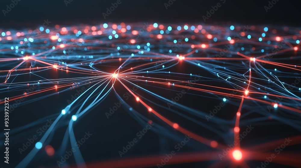 Poster abstract representation of interconnected blue and red nodes in a digital network, symbolizing data 