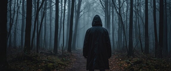 A dark figure stands in the middle of a foggy forest.