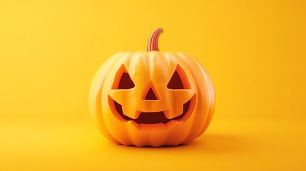 A carved pumpkin with a cheerful face on a bright yellow background, showcasing the festive spirit of Halloween celebrations during autumn