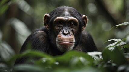 Curious chimpanzee observing in lush tropical jungle habitat.