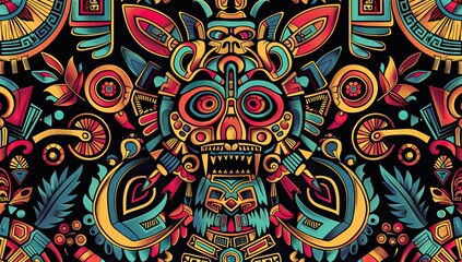 pattern with digital illustration of Aztec patterns, their vibrant colors and intricate designs creating an exotic atmosphere on a black background with clean lines Generative AI