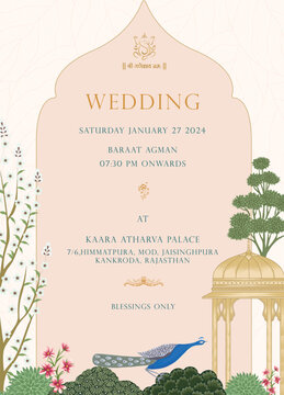 Traditional indian wedding invitation card template design with Mughal arch, ethnic pattern, rajasthani palace, floral decor, lotus, trees and peacock for mehendi, haldi, sangeet, maayra, bhaat invite