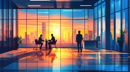 Professionals engaged in a strategic discussion during sunset in a modern office with a city skyline view