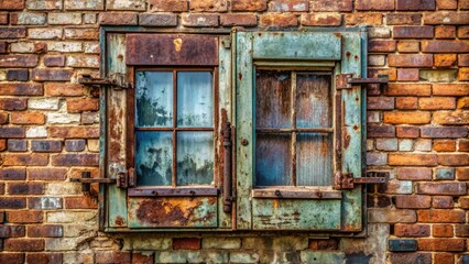 Weathered metal frame window with rusty hinges and peeling paint, set against a distressed brick wall, evoking a nostalgic urban industrial aesthetic.