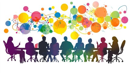 Fototapeta premium A diverse group of professionals seated around a conference table engaged in a creative brainstorming session with colorful abstract visuals above them depicting innovative ideas and collaboration