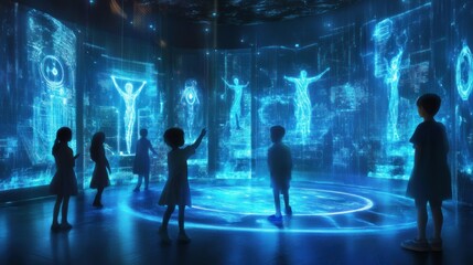 Children Exploring Interactive Blue Digital Screens in a Futuristic Room