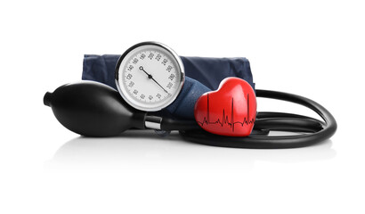 Red decorative heart with electrocardiogram and blood pressure monitor on white background