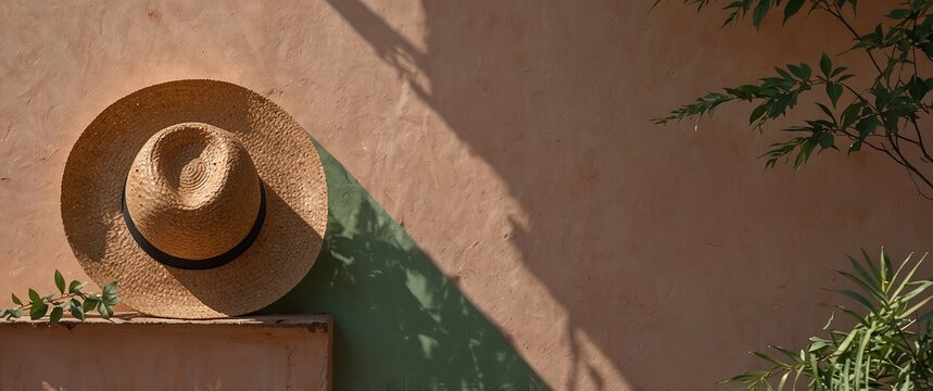 Elegant summer mediterranean background - straw hat and green leaves on branch with dappled shadow in sunshine on pastel pink wall, copy space minimal.