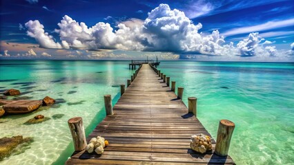 weathered wooden sailboat dock stretches into serene turquoise ocean, surrounded by scattered seashells and driftwood, under a warm sunny sky with soft white clouds.
