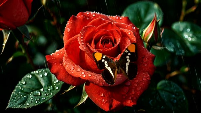 A beautiful red rose with a butterfly resting on its petals.
