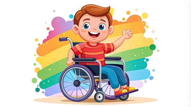 Wheelchair-accessible smiling cartoon boy with muscular dystrophy iconic symbol, promoting disability awareness, diversity, equality, and inclusive representation in a colorful illustration.