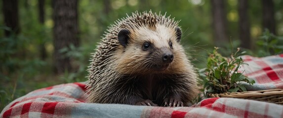 A cute porcupine sits in a basket on a picnic blanket in the woods.