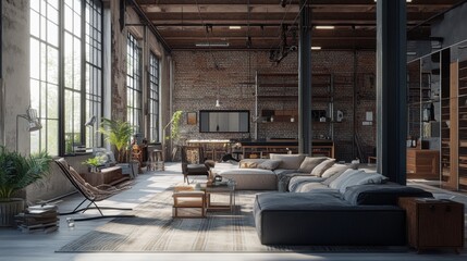 An industrial-style loft living room in 3D rendering, showcasing a spacious open area with exposed beams, brick walls, and modern furnishings.