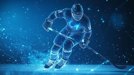 digital blue low poly ice hockey player in action