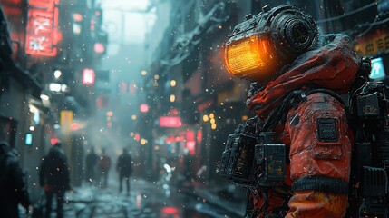  A futuristic human warrior with a glowing robotic arm, with the background depicting a high-tech city.