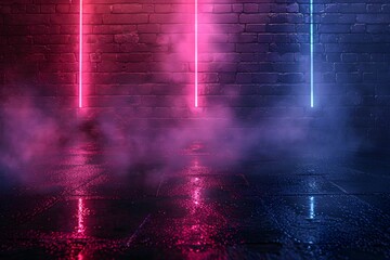Rays neon light on neon brick wall. Empty scene. Neon reflections on wet asphalt. Cyberpunk background with copy space. Rays neon light in the dark with smoke.